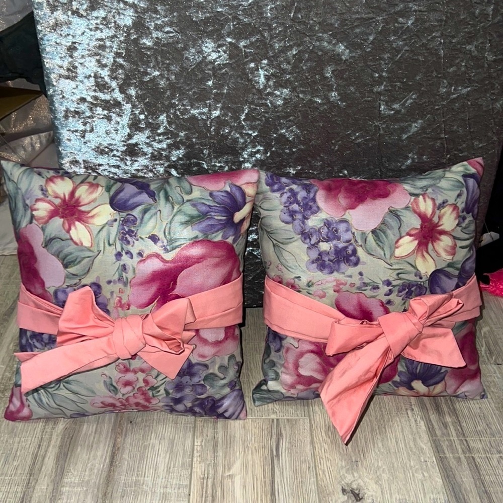 Vintage pillows bows floral pink green purple gold  rare retro ribbon tie up